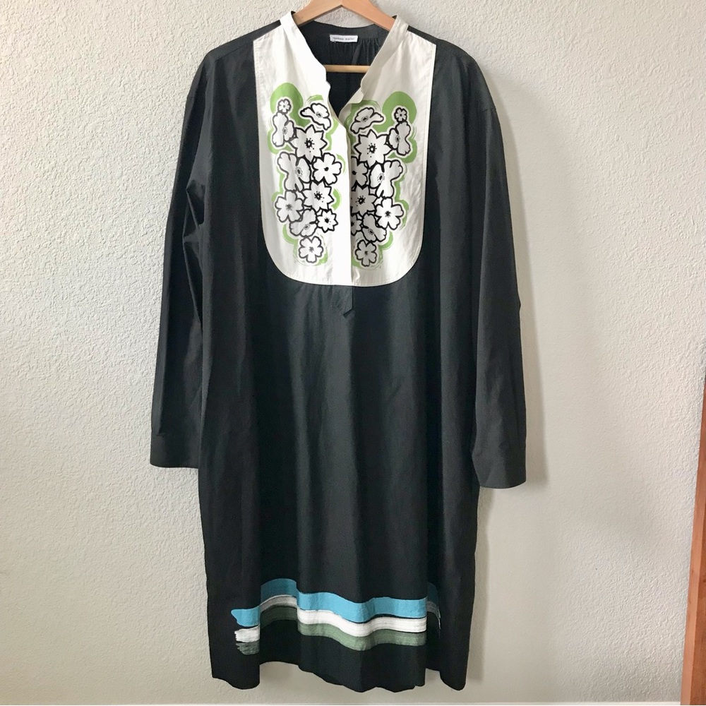 Tomas Maier Black Floral Bib Tunic Midi Dress Size 8 Long Sleeve 100% Cotton